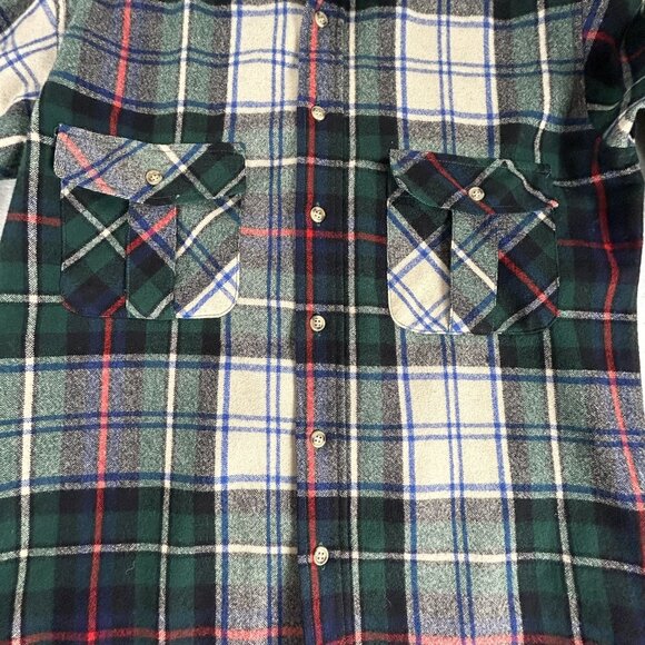 Eddie Bauer Mens Small Flannel Plaid Shirt Green Button Up Wool Blend Pockets - Picture 8 of 9